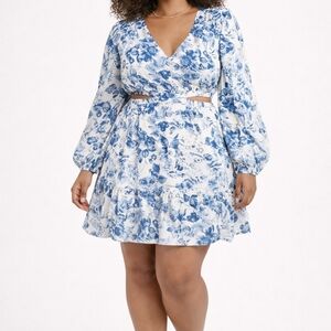 The Drop Floral Cutout Mini Dress | Blue White V-Neck Long Sleeve XXL NWT